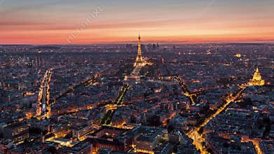 PARIS, FRANCE - JUNE 19, 2018: Eiffel Tower evening sunset timelapse from above. Fast movement.