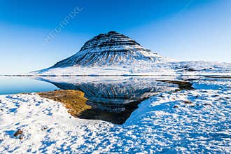 Kirkjufell view during winter snow