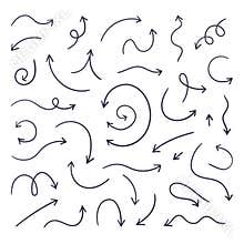 Doodle arrows. Hand drawn line pointers, pencil sketch elements, round curly wavy direction arrows. Vector linear arrow