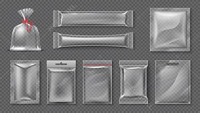 Plastic package. Realistic clear bag mockup, 3d transparent food product pack set, blank glossy foil. Vector candy snack