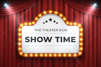 Theater cinema sign. Movie light frame, retro marquee banner on red background. Vector light bulb realistic billboard