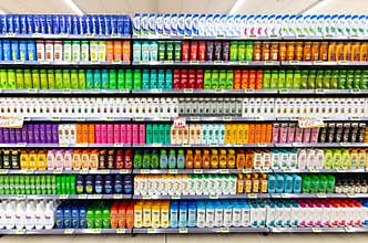 Personal hygiene department, hair care products, shampoo and conditioner.