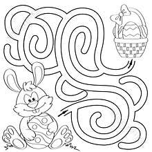 Help little bunny find path to easter basket with eggs. Labyrinth. Maze game for kids. Black and white illustration for coloring