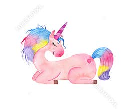 Watercolor cute magic pink unicorn with horn lies isolated on white background