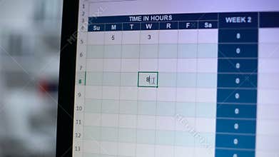 Hand pointing at pc screen, people filling in online visiting log, time in hours