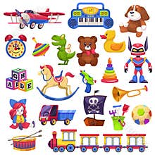 Kids toys set. Toy kid child preschool house baby game ball train yacht horse doll duck boat plane bear car pyramid