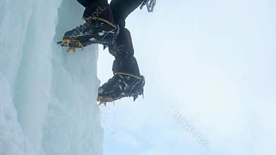 Crampons close-up on his feet ice climber, climber on a frozen waterfall