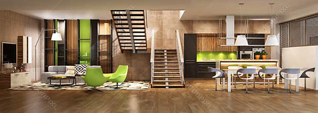 Modern house interior of living room and a kitchen in black and green colors.