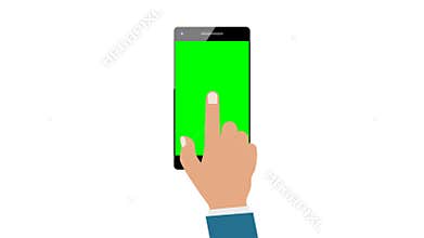 Businessman hand closeup interacting with gesturing such as tap slide click on mobile phone or smartphone blank green screen displ