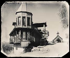 Black and White Sepia Vintage Photo of Old Western Wooden Building/Brothel in Goldfield Gold Mine Ghost Town