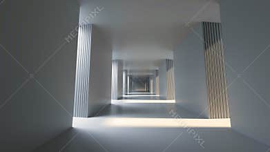 Long bright corridor with bright side sunshine,3D Rendering