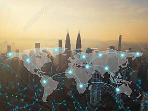 Digital network connection lines of Kuala Lumpur Downtown, Malaysia with world map. Financial district and business centers in