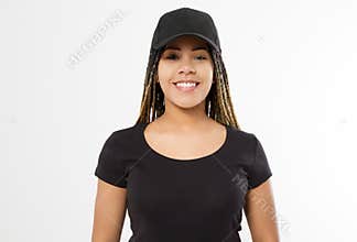 Afro woman in black template t shirt and baseball cap isolated on white background. Blank Sport hat and tshirt. African american