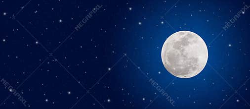Bright Full Moon and Twinkle Stars in Dark Blue Night Sky Banner