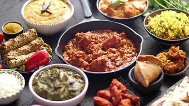 Various Indian dishes on a table. Spicy chicken Tikka Masala in iron pan