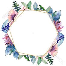 Purple bouquet floral botanical flower. Watercolor background illustration set. Frame border ornament square.