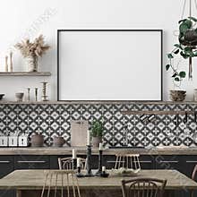 Mock up poster frame in kitchen interior background, Ethnic style