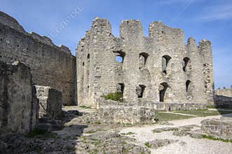 Burgruine Wolfstein old castle ruins with tower, blue sky