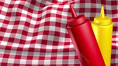 Animated ketchup and mustard bottles with tablecloth