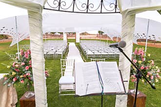 Large wedding bouquette flowers at the pulpit