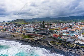 Aerial view of Atlantic coast at Ribeira Grande. Blue water and clouds. Island of Sao Miguel, Azores Islands, Portugal, Europe