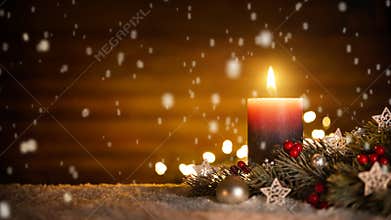 Candle, Christmas decoration and snow footage