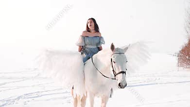 Charming pretty dark-haired lady in long gray vintage dress with bare shoulders sits astride horse and meticulously