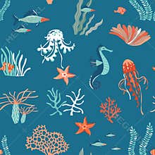 Marine Life flat vector seamless pattern background. Underwater animals wildlife