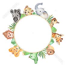 Watercolor frame with cute cartoon animals of Africa.