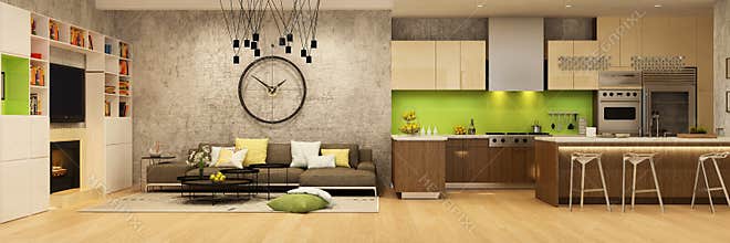 Modern house interior of living room and a kitchen in beige and green colors.