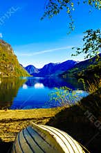 Fjord Lake and Wooden Boat, Norway Scenery, Norwegian Landscape