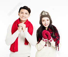 Young couple with congratulation gesture