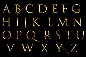 Vintage font yellow gold metallic alphabet letters word text series symbol sign on black background, concept of golden luxury alph