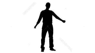 Guy dances energetic movements. Silhouette. White background