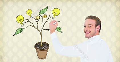 Man holding pen and Drawing of Money and idea graphics on plant branches on wall
