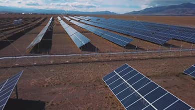 Aerial: Countryside scenery with solar power plants. Altai, Kosh-Agach. Close to the border of Mongolia.