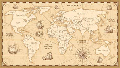 Vector antique world map with countries boundaries