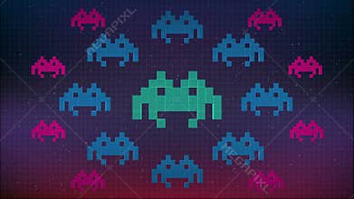 Seamless animation of cute 8 bit pixel space game or computer virus attacking your computer. Pixel virus or spyware background