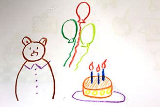 A child\'s drawing - a birthday of a bear, cake with candles, baloons