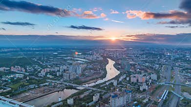Aerial top view of Moscow city timelapse at sunset. Form from the observation platform of the business center of Moscow