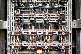 Electric service panel with many 3 phase contactors and relays