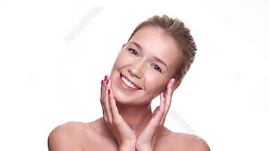 Beautiful blonde middle age woman with perfect skin