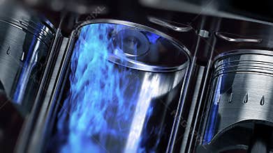 A close-up of engine in slow motion with a blue explosions of fuel