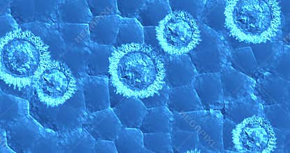 Animation of bacteria, virus, cell flowing on blue background, concept of healthcare medical care research