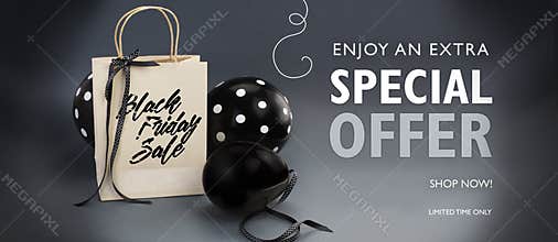Black Friday sale banner containing recycled paper bag decorated with black satin ribbon, and black balloons.