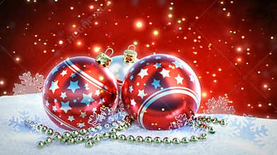 Red and silver christmas balls on snow with glitter bokeh background. Seamless loop. 3D render