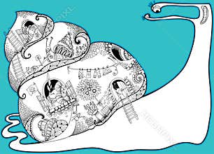 Private life of snails. Vector composition with outline big and small snails in black and white on the torquoise background.