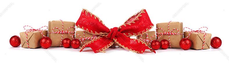 Christmas border with brown and white gift boxes and red bow isolated