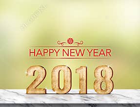 Happy new year 2018 3d rendering on marble table at green abst