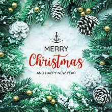 MERRY CHRISTMAS AND HAPPY NEW YEAR typography,text with christmas ornament